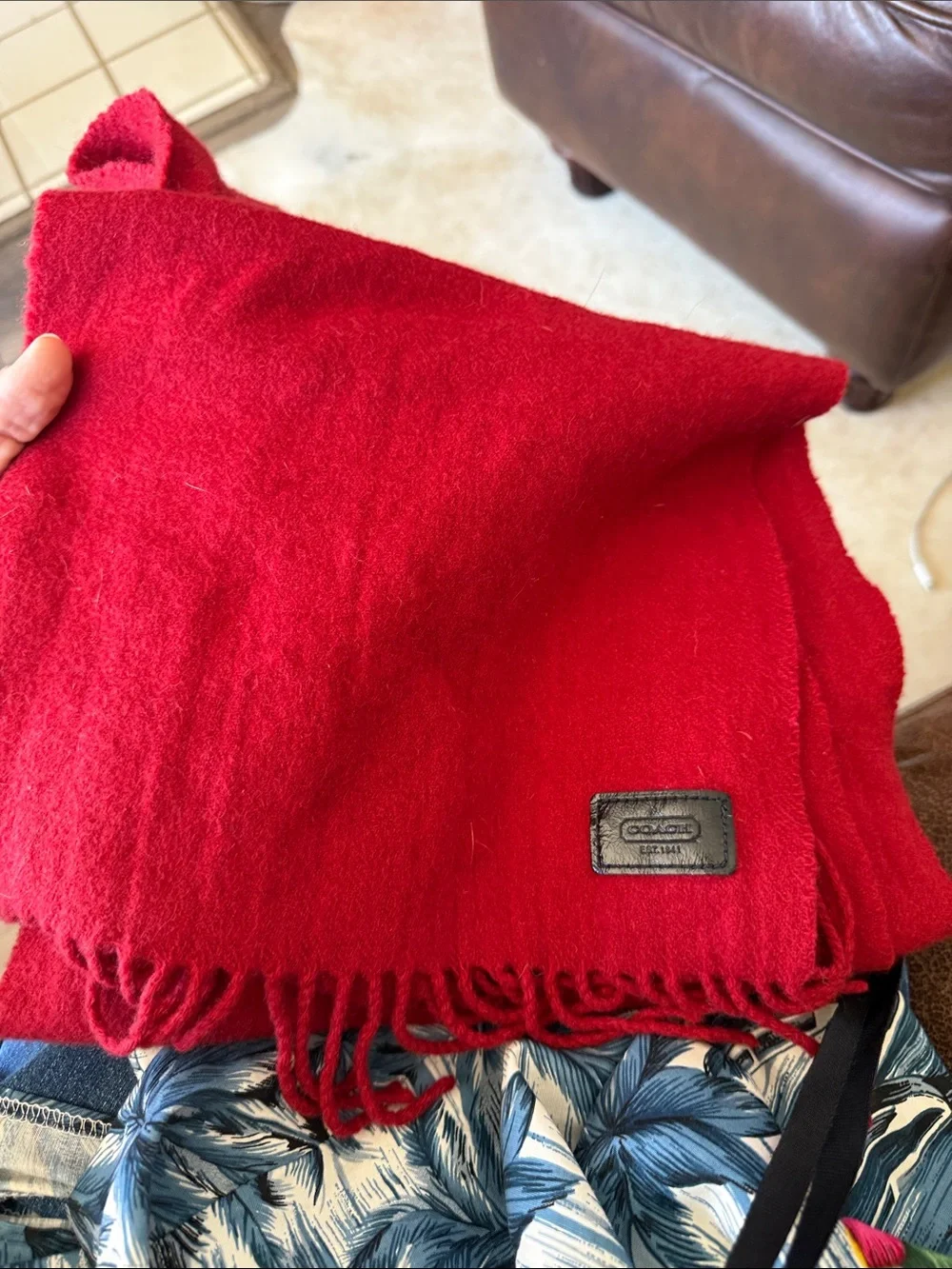 Coach Red Wool Fringe Scarf with Black Leather Logo Patch | Classic Winter Wrap